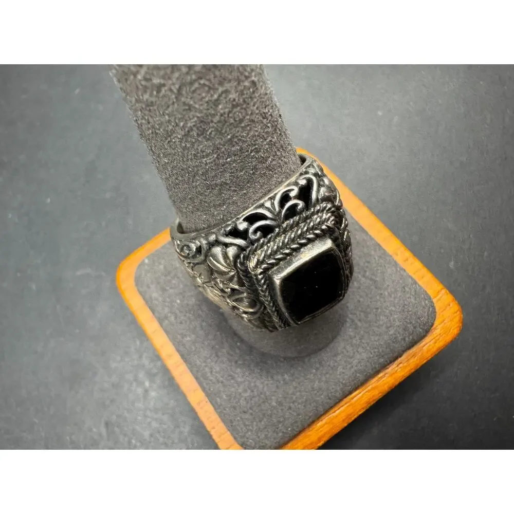 Chuck Clemency STS Sterling Silver 925 Ring Black Onyx Stone Filigree Sz 10